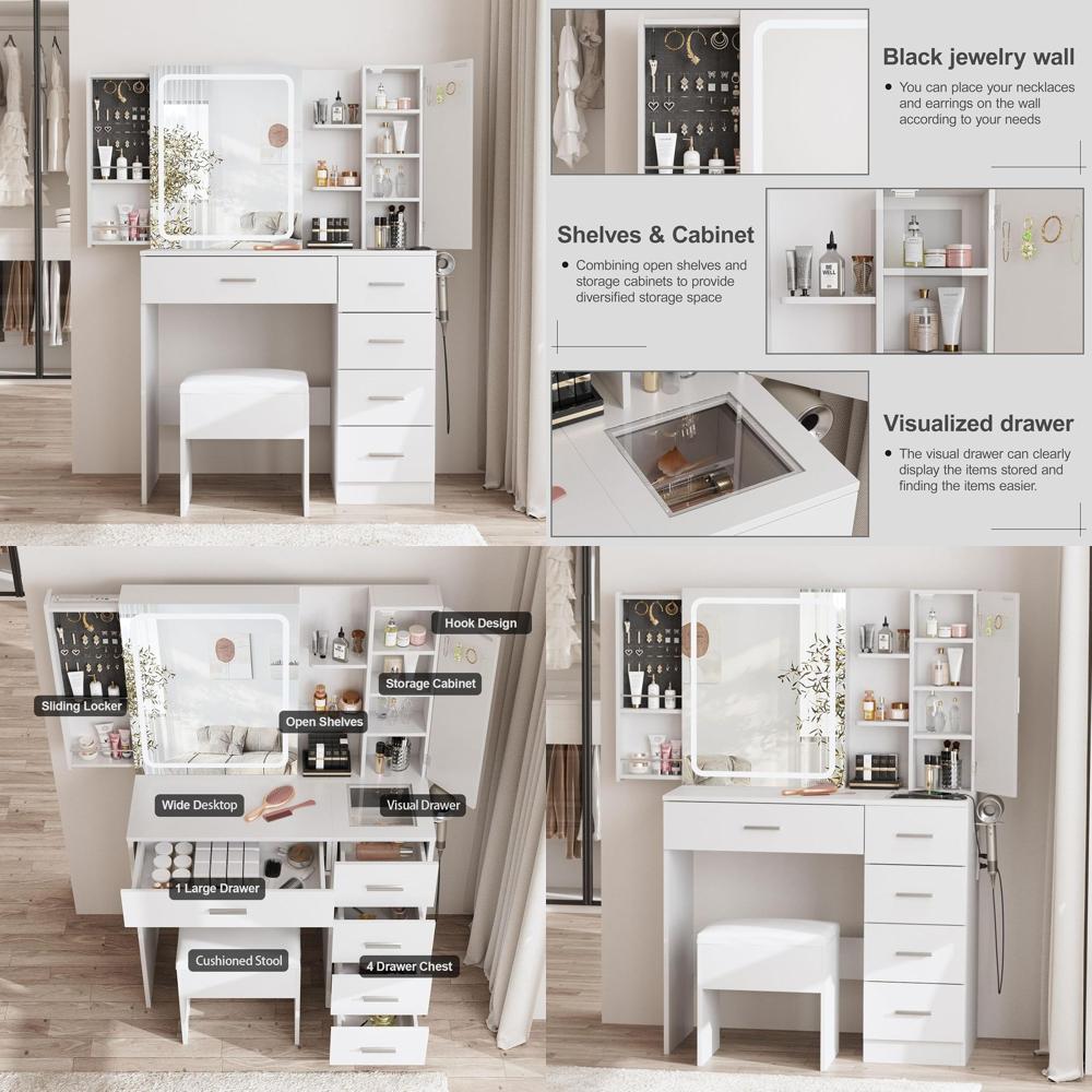 Power Strip Desk - Coiffeuse blanche avec miroir, éclairage et